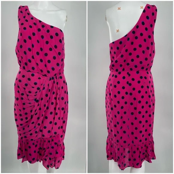 10 Crosby Derek Lam NWT Taula One Shoulder Ruffle Hem Dress Pink Polka Dots New - Picture 2 of 11